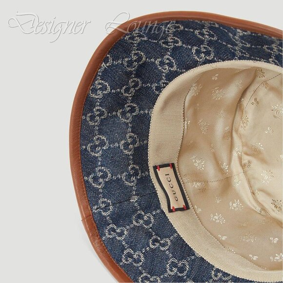 NEW GUCCI GG Monogram Denim Leather Trim Bucket Hat Size M / 58 cm - Picture 6 of 10